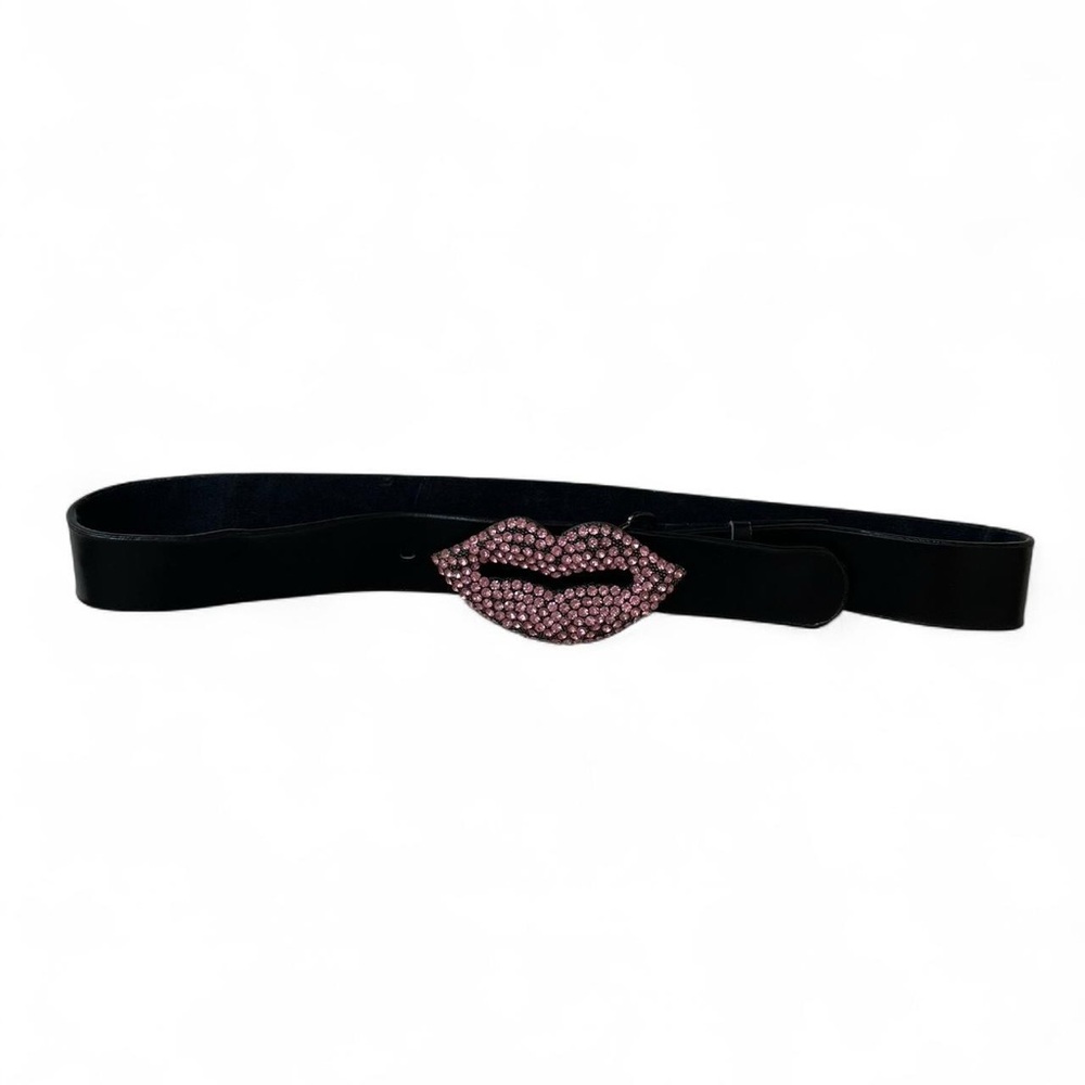Y2K Rhinestone Lip Buckle Statement Belt Black Pink Crystal